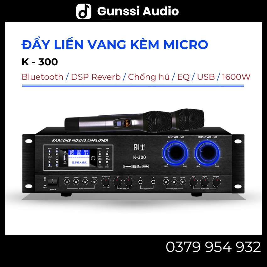 Cục đẩy công suất liền vang liền micro 2 kênh công suất lớn 1600W Gunssi K-300, âm ly karaoke gia đình, amply bluetooth