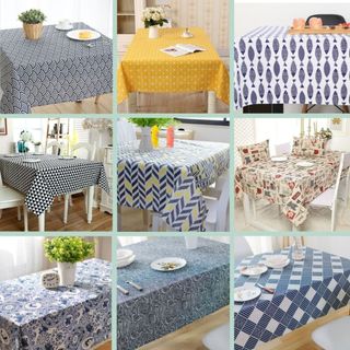 Khăn trải bàn họa tiết kẻ ô lập thể vải bố canvas sọc caro Nhà Xinh Decor trang trí bàn ăn nhà bếp homestay vintage