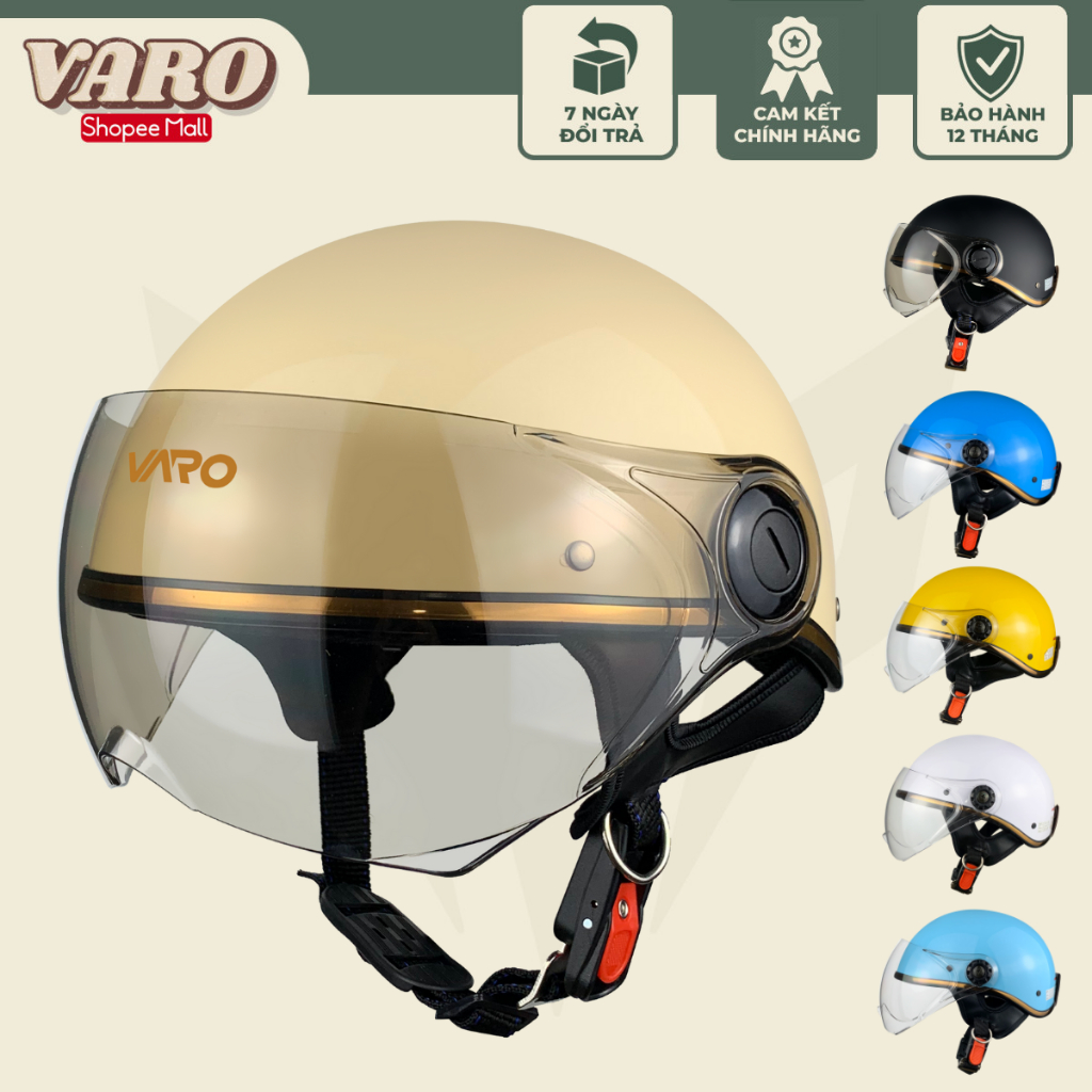 Mũ bảo hiểm nửa đầu VARO kính liền viền đồng cao cấp lồng lót siêu êm