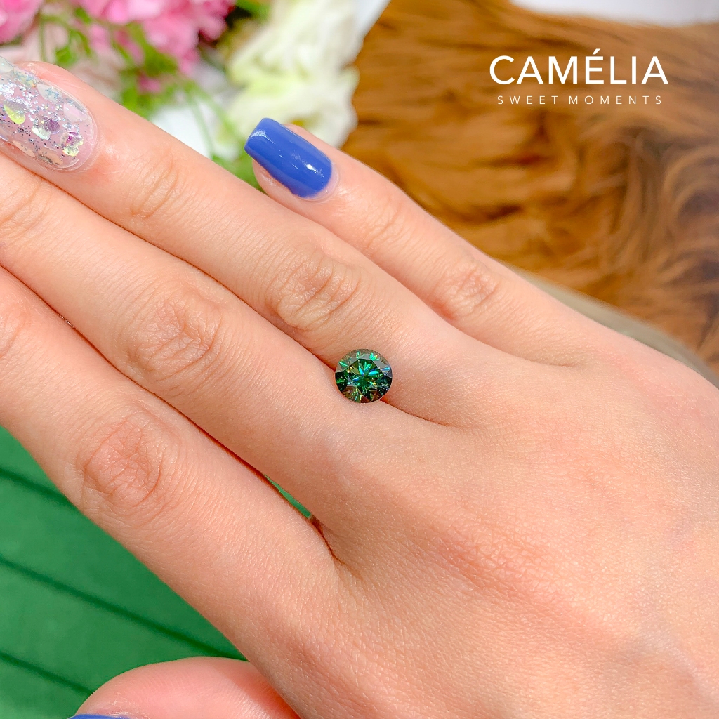 Kim cương nhân tạo Mỹ Moissanite Size từ 4-7.5 ly giác cắt tròn màu xanh lá - Camélia Jewelry