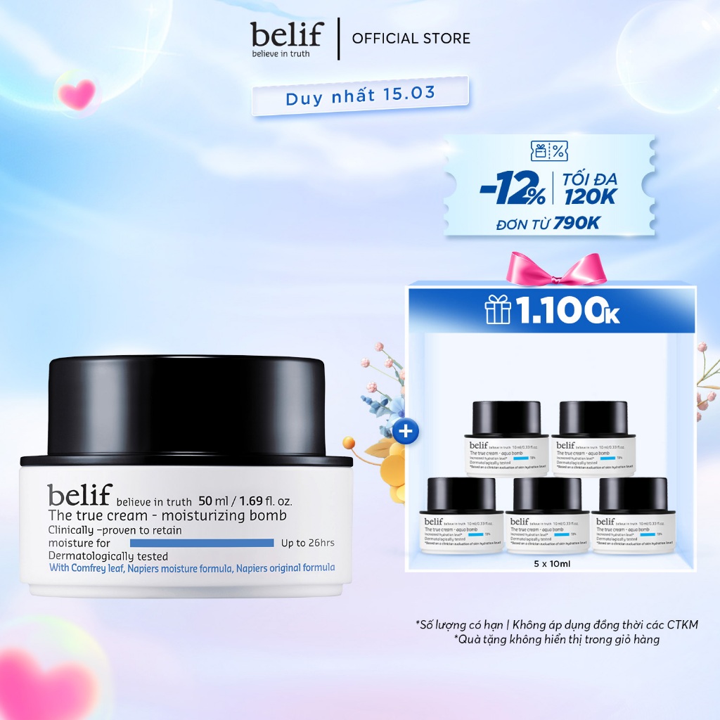 [15.3 Voucher 12%] Kem cấp ẩm suốt 26 giờ Belif The True Cream Moisturizing Bomb 50ml