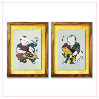 Cặp tranh Đông Hồ Nhân nghĩa Lễ trí - Tranh Bé ôm cóc Bé ôm rùa khung kính mica 30x40 - chỉ giao hoả tốc Hà Nội