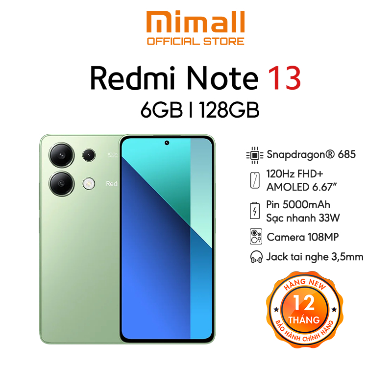 Điện thoại Redmi Note 13 (6GB/128GB) | Camera 16MP f/2.4 | Màn hình 6.67" | Bảo hành 12 tháng - Hàng chính hãng | BigBuy360 - bigbuy360.vn