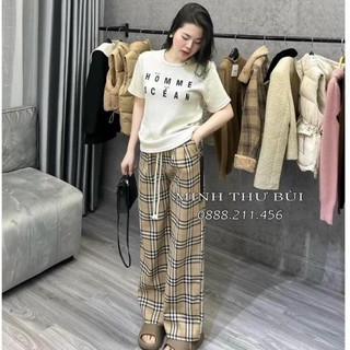 Quần ống suông ullzzang kẻ b vải thô đũi mềm mát - M030