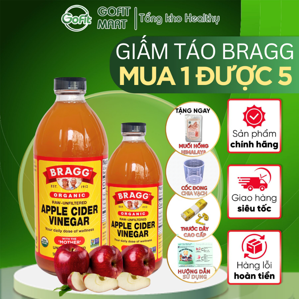 Giấm Táo Hữu Cơ Bragg Organic Của Mỹ Có Giấm Cái 473ml, 946ml - Dấm Táo Giảm Cân Gofit Mart