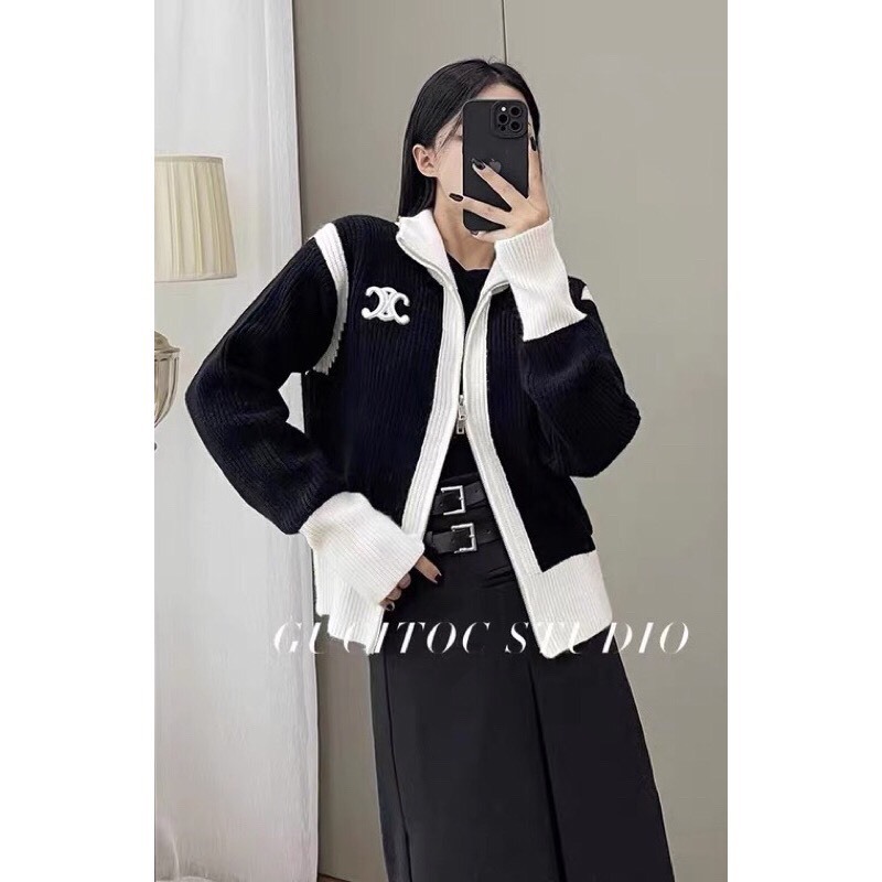 Áo khoác ngoài, áo cadigan len cao cổ dệt kim phối 2 màu họa tiết thêu nổi unisex