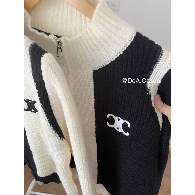 Áo khoác ngoài, áo cadigan len cao cổ dệt kim phối 2 màu họa tiết thêu nổi unisex | BigBuy360 - bigbuy360.vn