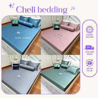 Bộ ga gối bo chun phi lụa bóng thêu đủ kích thước , bộ ga giường phi lụa bo chun mẫu mới , set ga lụa bo chun