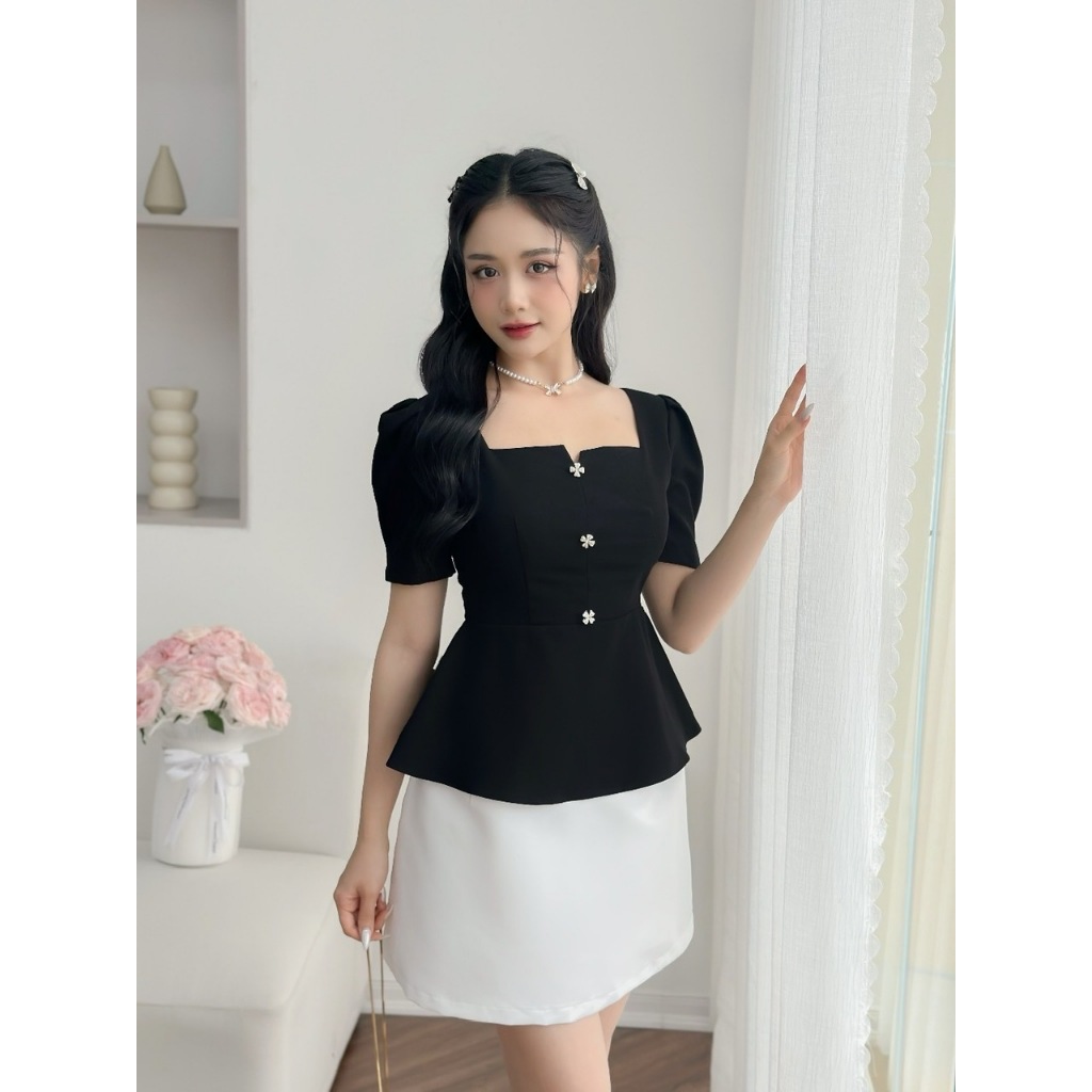 Áo peplum cổ vuông đính cúc đá cao cấp,áo thiết kế by LaLa Design