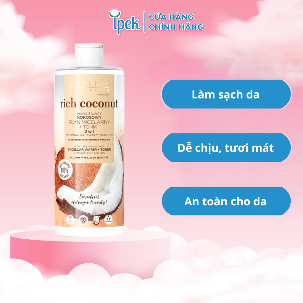 Nước tẩy trang Eveline Rich Coconut dưỡng ẩm tinh dầu dừa 2 tác động 500ML