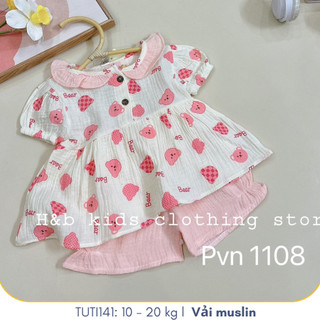 Đồ bộ phối bèo Muslin nhiều màu kết hợp họa tiết đáng yêu cho bé gái, Đồ bộ mặc nhà cho bé, TUTI BABY141