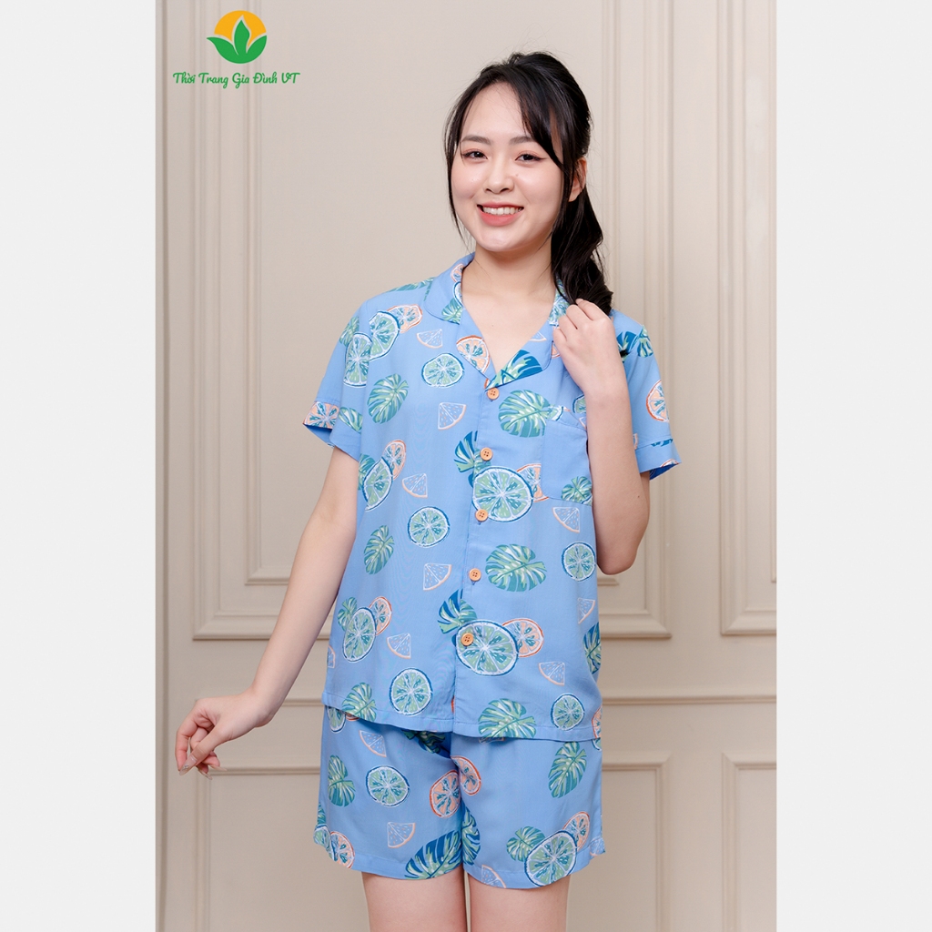 Bộ lanh nữ Việt Thắng quần đùi áo cộc tay Pijama đi biển - B03.2411