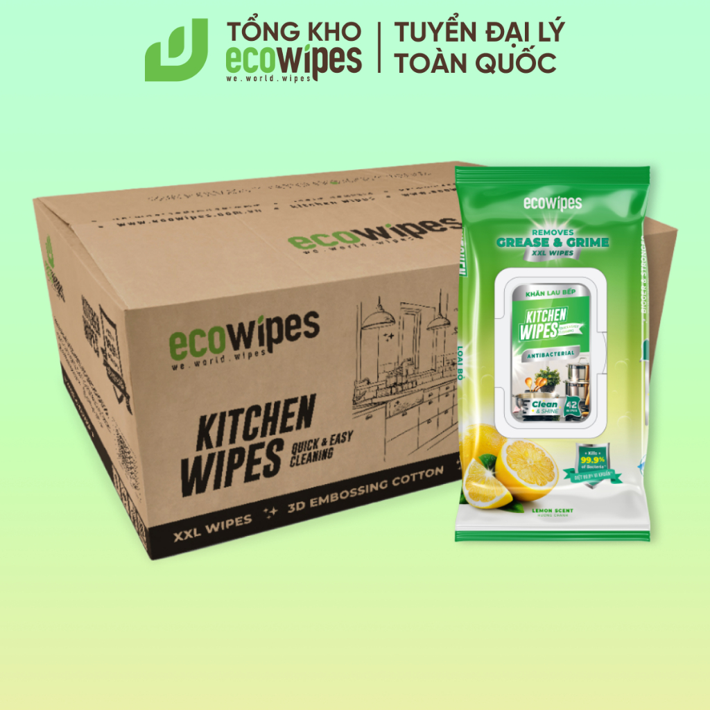 Thùng 24 gói khăn ướt lau bếp cao cấp Kitchen EcoWipes gói 42 tờ size