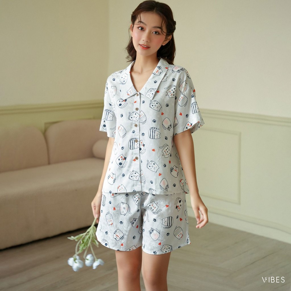 VIBES Đồ bộ Pijama ngắn Lụa Gấm cao cấp Naomi Py Set