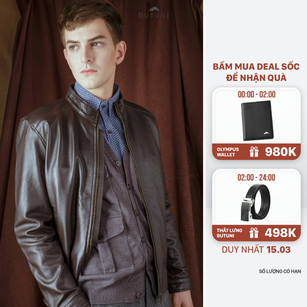 Áo Da Nam Da Thật BUTUNI Cừu Nâu_TVC Da Cừu Lót Vải Lụa Cao Cấp Chính Hãng
