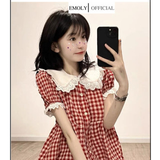  Áo sơ mi nữ kẻ đỏ cổ sen trắng dáng babydoll tiểu thư, áo sơ mi tay phồng cổ búp bê màu tôn da - SM01