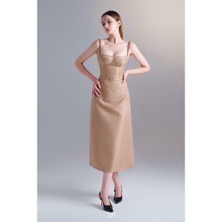 Ladonna - Đầm Cúp Nâu Vải Gấm Đính Ngọc - XIPI
