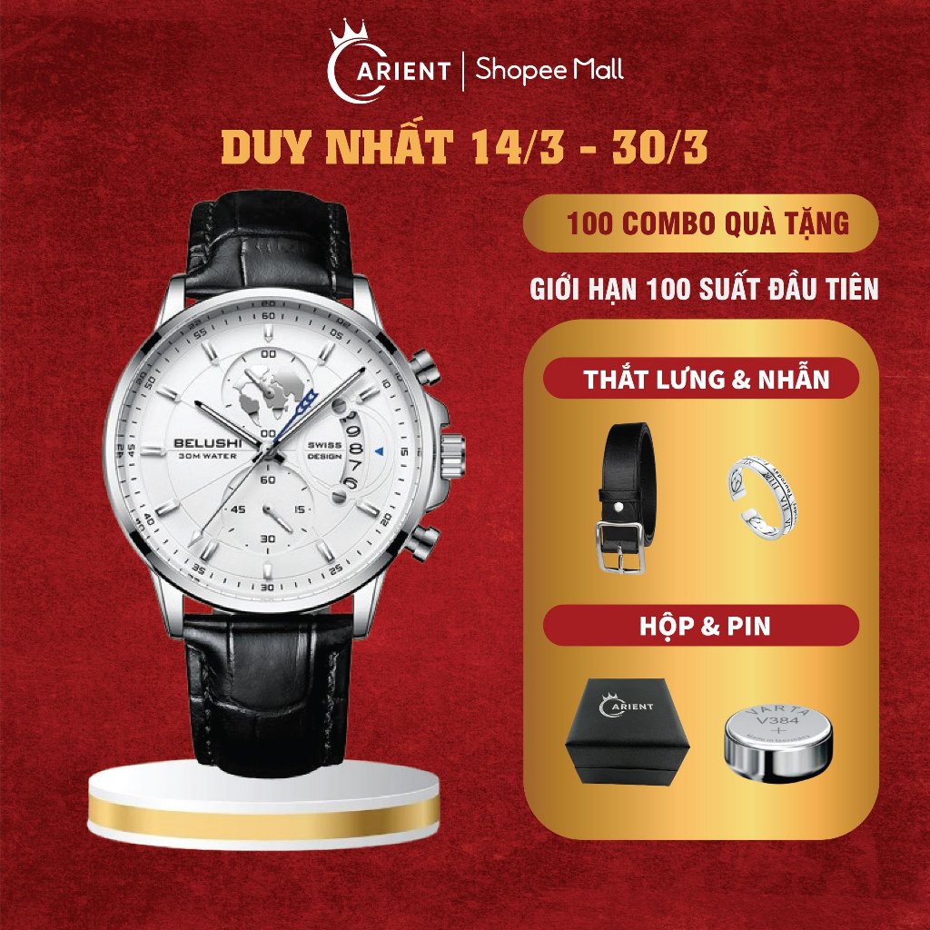 Đồng hồ nam dây da cao cấp Carient D380 sang trọng chống nước có lịch ngày 40mm