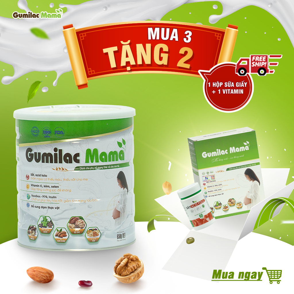 COMBO MUA 3 TẶNG 2  14 gói và 1 hộp vitamin bầu- Sữa hạt Gumilac Mama 100%