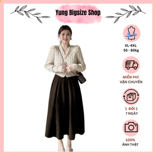 Set Bigsize nữ, Set bộ bigsize áo len kèm chân váy nhung dáng dài thanh lịch 55-90kg Yung bigsize