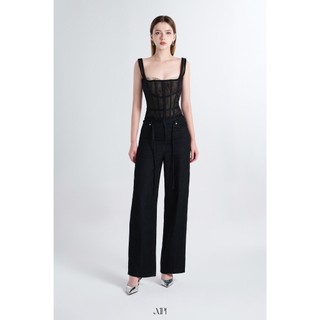 Clara - Áo Cúp Nâu Phối Lưới Corset - Naava - Quần Jean Đen Ống Rộng Kèm Dây - XIPI
