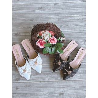Gìày sục nữ mũi nhọn cao 3p gắn nơ viền hạt vàng cực xinh