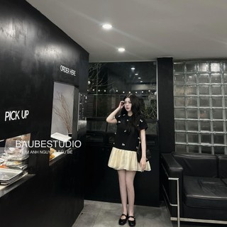 Váy Xuông Nơ Đá Phối Bèo Tầng Voan Be Ngắn Tay Đầm Nữ Freesize Form Rộng HA07