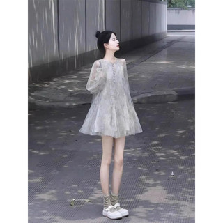 Đầm váy babydoll hoa rơi tay dài dáng xoè ngắn tiểu thư
