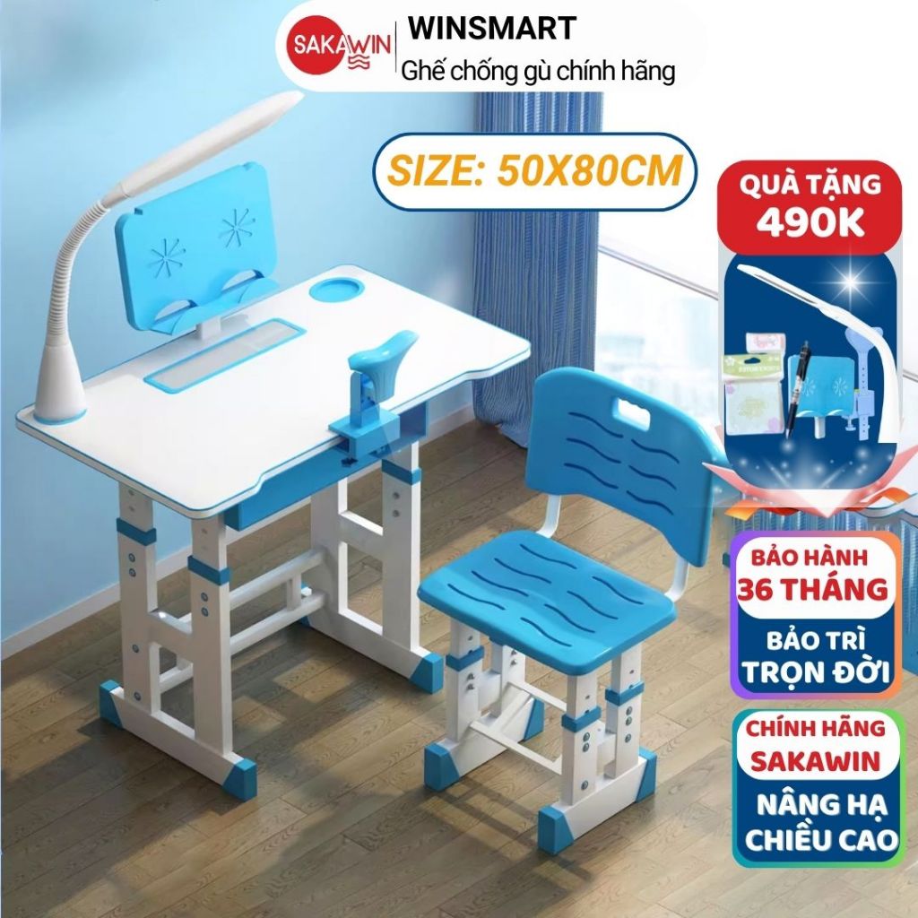 Bộ bàn học sinh chống gù chống cận Winsmart K10, Bộ bàn học thông minh cho bé, Giá đỡ ngăn chứa lớn, Nâng hạ chiều cao