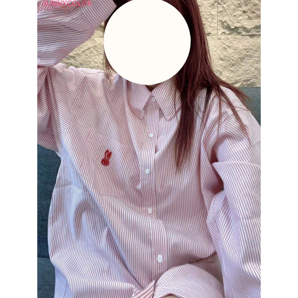 Áo Sơ Mi Nữ Kẻ Sọc Thêu Thỏ Freesize, Áo Sơ Mi Dài Tay Form Rộng Vừa Chất Cotton Mềm Mát | BigBuy360 - bigbuy360.vn