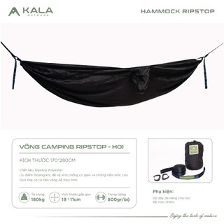 Võng camping Kala vải ripstop cao cấp kèm dây và móc nhôm siêu nhẹ