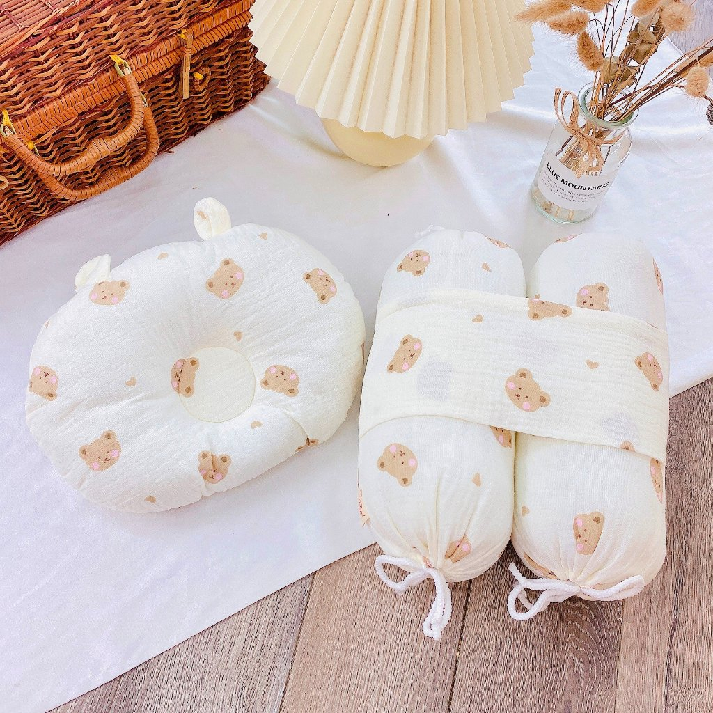 Gối Chặn Cho Bé Sơ Sinh⚡️FREE SHIP⚡️Bộ Gối Chặn Kèm Gối Chống Móp Đầu Cho Bé