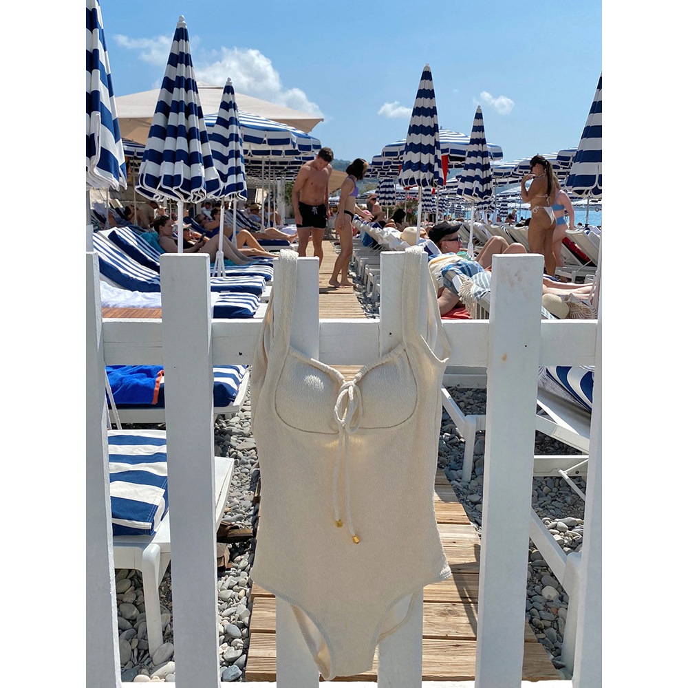 (Hàng loại 1) Bikini đồ bơi  1 mảnh màu trắng kem thun gân dày cột nơ trước mặc nhiều kiểu Hàn Quốc nàng thơ tôn dáng | BigBuy360 - bigbuy360.vn