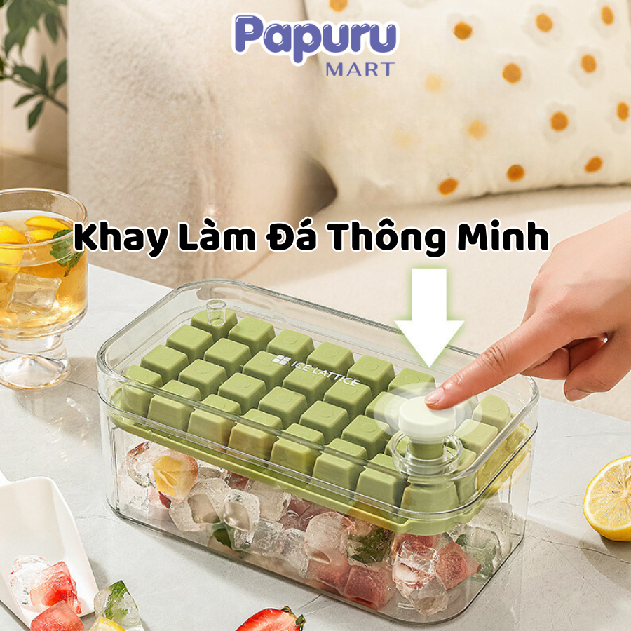 Khay làm đá thông minh chất liệu nhựa PET,Hộp khay làm đá thông minh nhấn nút,Khay đá 64 viên Papuru Mart