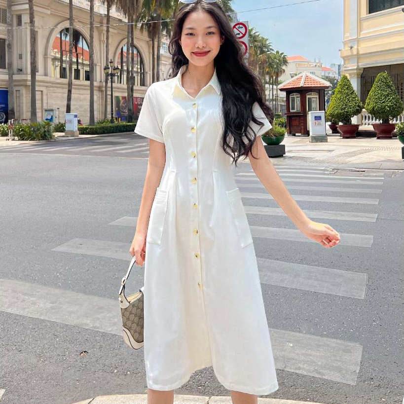GOLA - Đầm NELLA - Đầm dáng dài cổ sơ mi phối nút