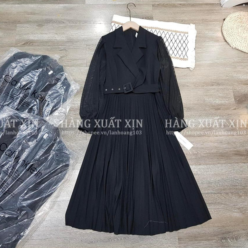 Đầm váy midi CK cổ vest xếp ly dài tay chất siêu đẹp