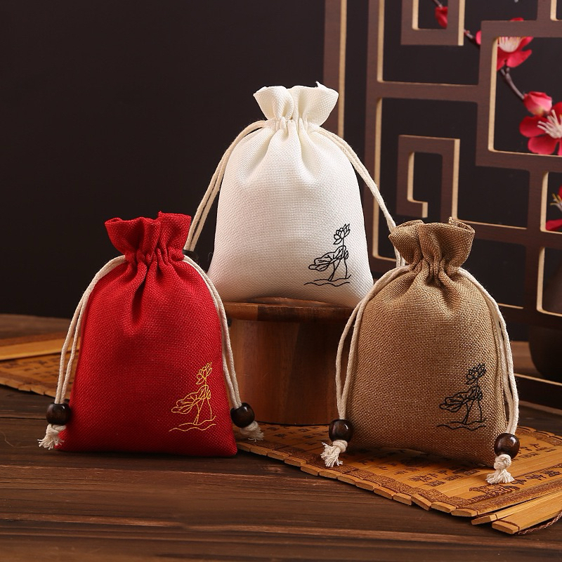 Túi Vải Thô in Hoa Sen đựng trang sức , vòng tay