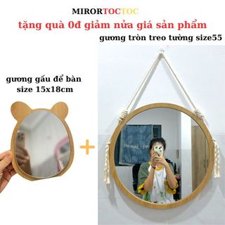 Gương trang điểm treo tường, Gương tròn viền gỗ treo dây thừng tặng 0đ kèm phụ kiện treo không cân khoan mirrortoctoc