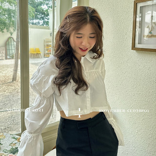 Áo sơ mi croptop nữ tay bồng chất thô lụa