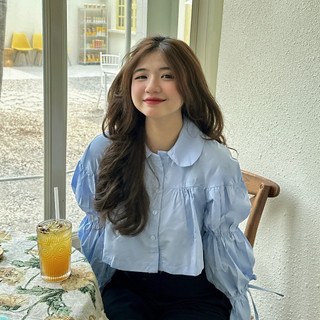 Áo sơ mi croptop nữ tay bồng chất thô lụa