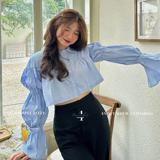 Áo sơ mi croptop nữ tay bồng chất thô lụa