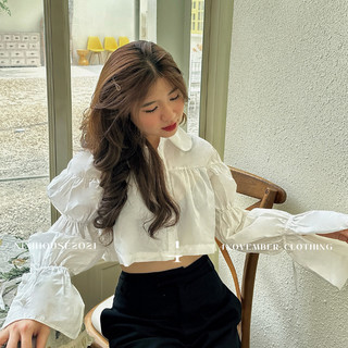 Áo sơ mi croptop nữ tay bồng chất thô lụa