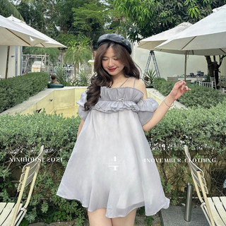 Đầm váy babydoll bèo nhún trễ vai kèm tag nơ D20