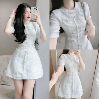 Đầm Váy Nữ Tay Ngắn Phối Đường Viền, Nút Ngọc Nhẹ Nhàng Nữ Tính