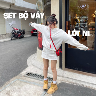 Set nỉ lót bông cổ tròn kèm chân váy phối túi Melyca