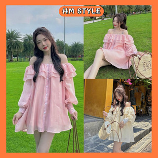 Váy babydoll trễ vai bèo tầng, đầm trễ vai tay dài kèm quần short chất voan tơ mềm mịn HB425