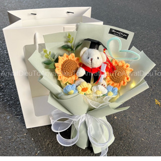 Set túi hoa len hướng dương và gấu bông tốt nghiệp-bó hoa