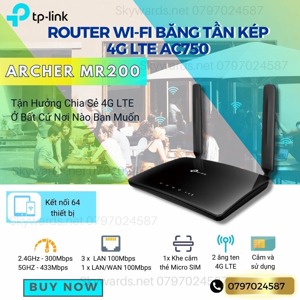 Router Wi-Fi Băng Tần Kép 4G LTE AC750 - Archer MR200 _chính hãng, mới 100%