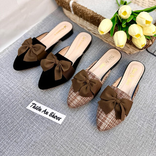 Giày Sục nữ mũi nhọn thắt nơ chất liệu nhung gót cao 3 phân Thiên An TA01