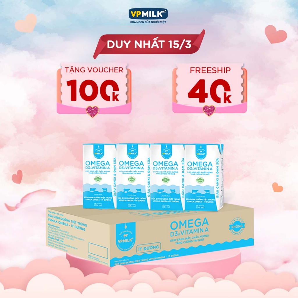 Sữa Dinh Dưỡng Tiệt Trùng VPMilk Omega Ít Đường dạng hộp 110ml (thùng 48 hộp)